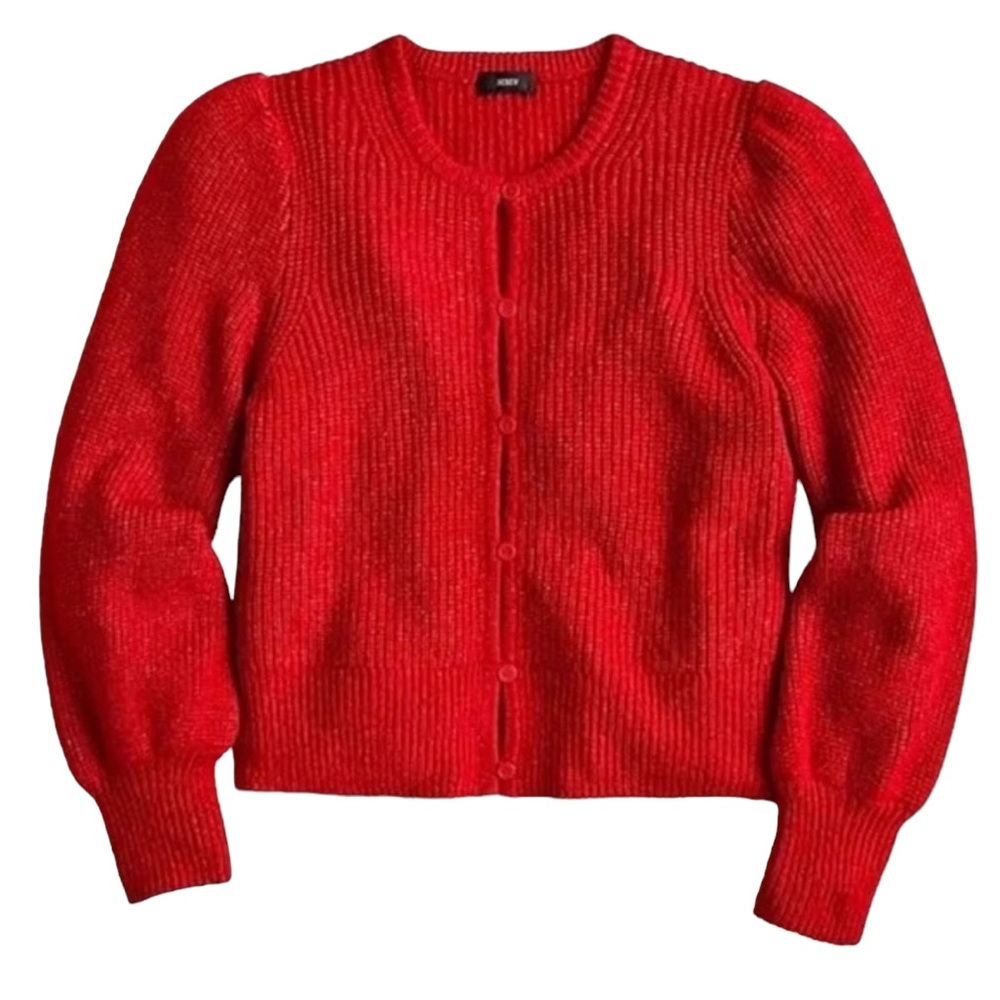 J. Crew - Puff Sleeve Lightweight Alpaca Blend Red Cardigan Sweater Sz M